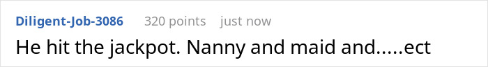Screenshot of an online comment mentioning a nanny and maid after a jackpot, related to fiance babysit daughter hunting topic.