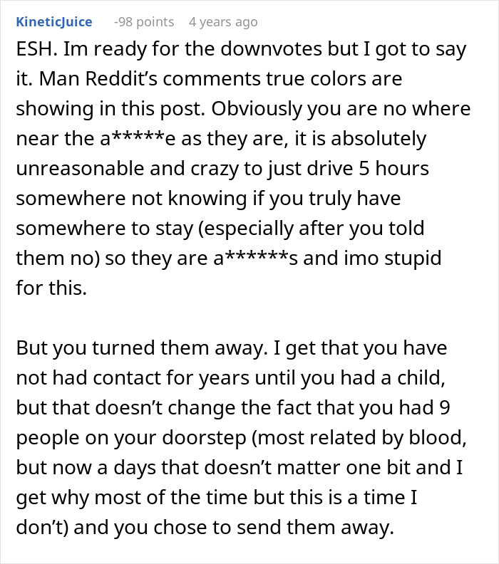 Screenshot of a Reddit comment discussing a family surprise visit at 1 A.M. that results in the man kicking them out.