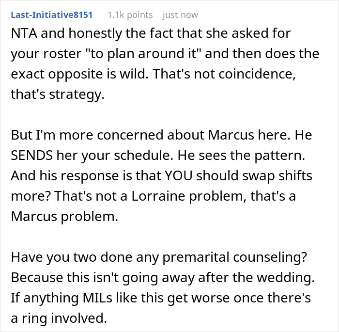 Comment discussing future MIL scheduling family events on days the lady is working and relationship concerns.
