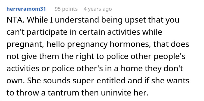 Comment from user discussing a MIL telling DIL the world doesn&rsquo;t revolve around her pregnancy complaints and entitlement issues.