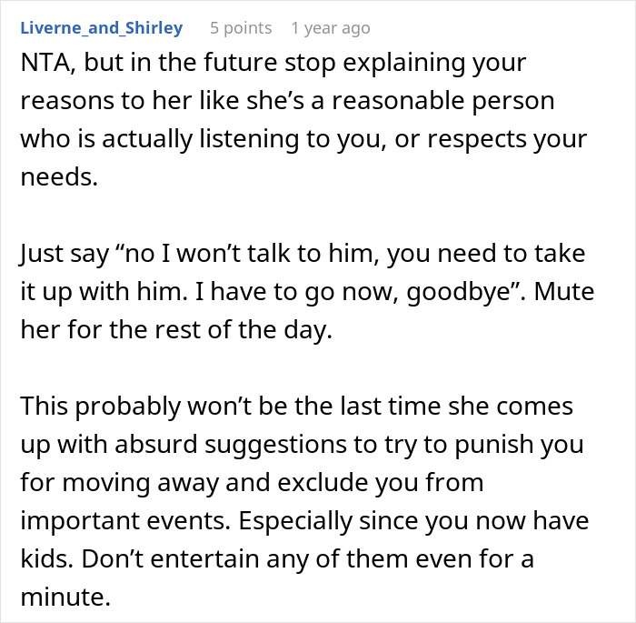 Alt text: Reddit comment advising to set boundaries with selfish and possessive mother-in-law choosing son&rsquo;s wife and baby.