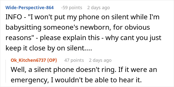 Text conversation about babysitting a newborn, where friend explains not putting phone on silent to hear emergency calls.