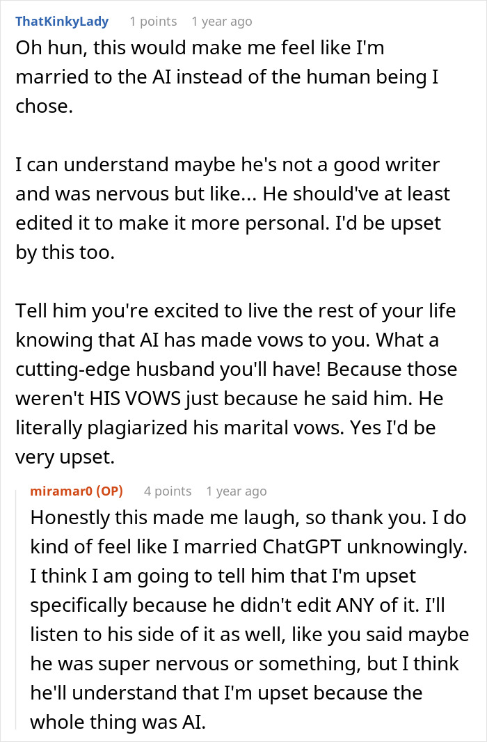 Commenter reacts to groom’s vows written by AI, expressing feelings of upset and confusion about AI-written marital vows. Commenter reacts to groom’s vows written by AI, expressing feelings of upset and confusion about AI-written marital vows.