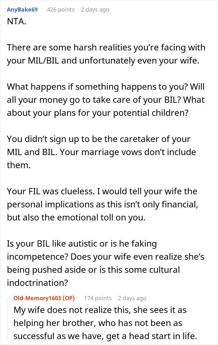 Screenshot of online discussion about a man supporting his in-laws and issues with a will dispute involving his wife and MIL.