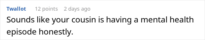 Text message screenshot showing a comment about a cousin having a mental health episode, related to a spiritual bride controversy.