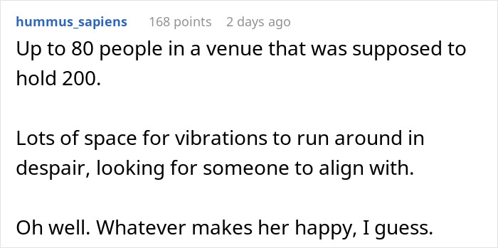 Comment from hummus_sapiens about a spiritual bride's decision causing chaos and shock before her wedding.