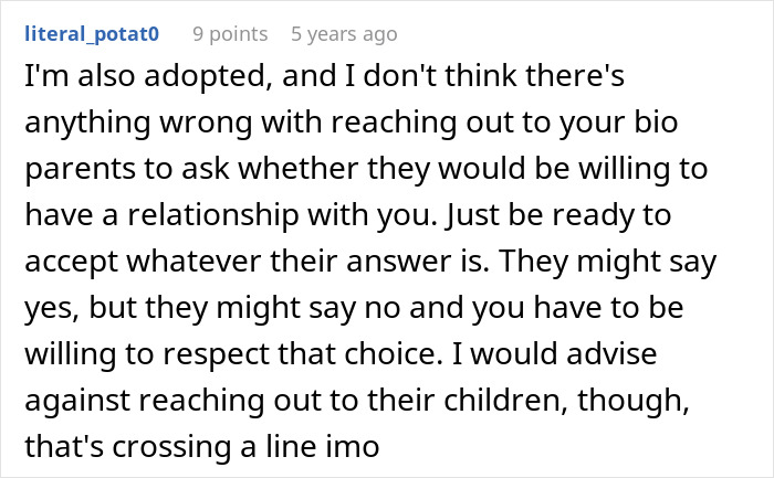 Screenshot of a user comment discussing reaching out to bio family and adoptive parents in adoption reunions.