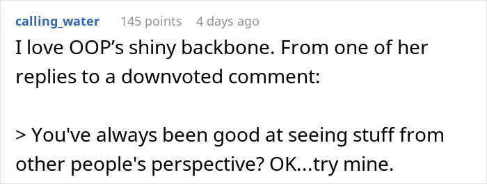 Comment text on a white background discussing someone's ability to see things from other people's perspectives.