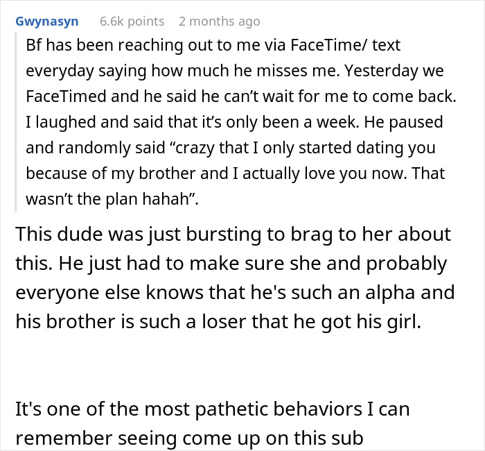 Screenshot of a Reddit post describing a boyfriend admitting his girlfriend was a sibling rivalry trophy, leading to breakup. Screenshot of a Reddit post describing a boyfriend admitting his girlfriend was a sibling rivalry trophy, leading to breakup.