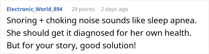 Comment about roommate snoring and sleep apnea diagnosis, highlighting woman&rsquo;s struggle with snoring keeping her awake at night.