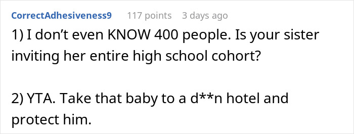 Reddit user commenting on a mom bringing baby to sister&rsquo;s 400-person Halloween bash causing partner to worry about noise and safety.