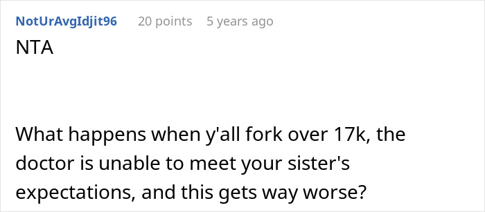 Screenshot of an online comment discussing a sister&rsquo;s plastic surgery request and body dysmorphia concerns.