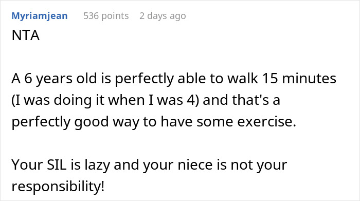 Comment from Myriamjean stating a 6-year-old can walk 15 minutes and criticizes sister-in-law for laziness about niece&rsquo;s care.