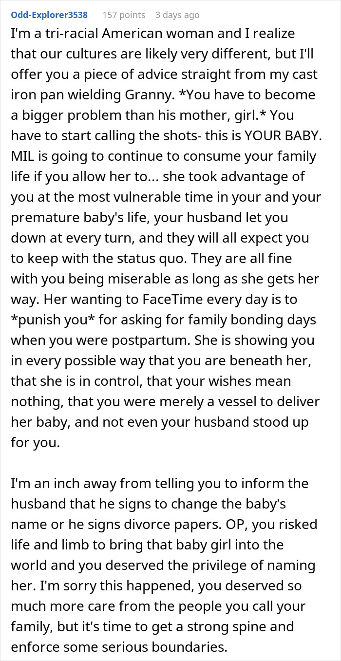 Text discussing MIL demanding baby&rsquo;s name to honor her culture while new mom fights for her heritage and sets family boundaries