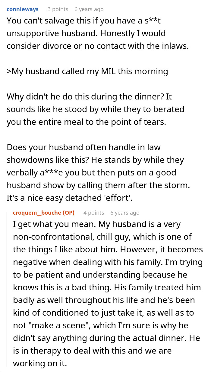 Screenshot of online comments discussing in-laws making fun of a woman during Thanksgiving dinner and family conflicts. Screenshot of online comments discussing in-laws making fun of a woman during Thanksgiving dinner and family conflicts.