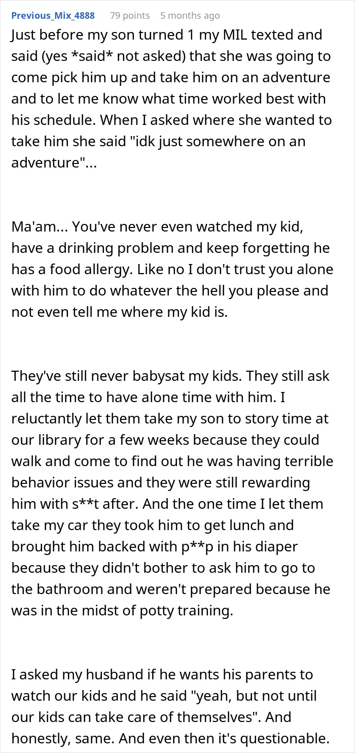 Mom explains why she feels deeply uncomfortable leaving baby alone with mom or mother-in-law due to trust and care concerns
