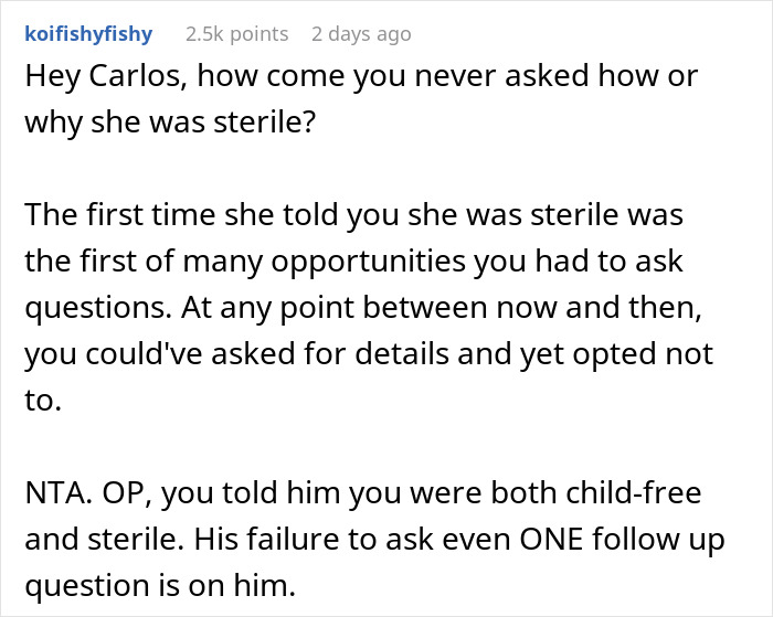 Text comment discussing a childfree couple in conflict after a prank reveals woman had a hysterectomy the fianc&eacute; didn&rsquo;t know about.