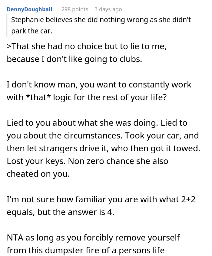 Comment discussing a man kicking out his girlfriend after she secretly went clubbing and lost his car keys.