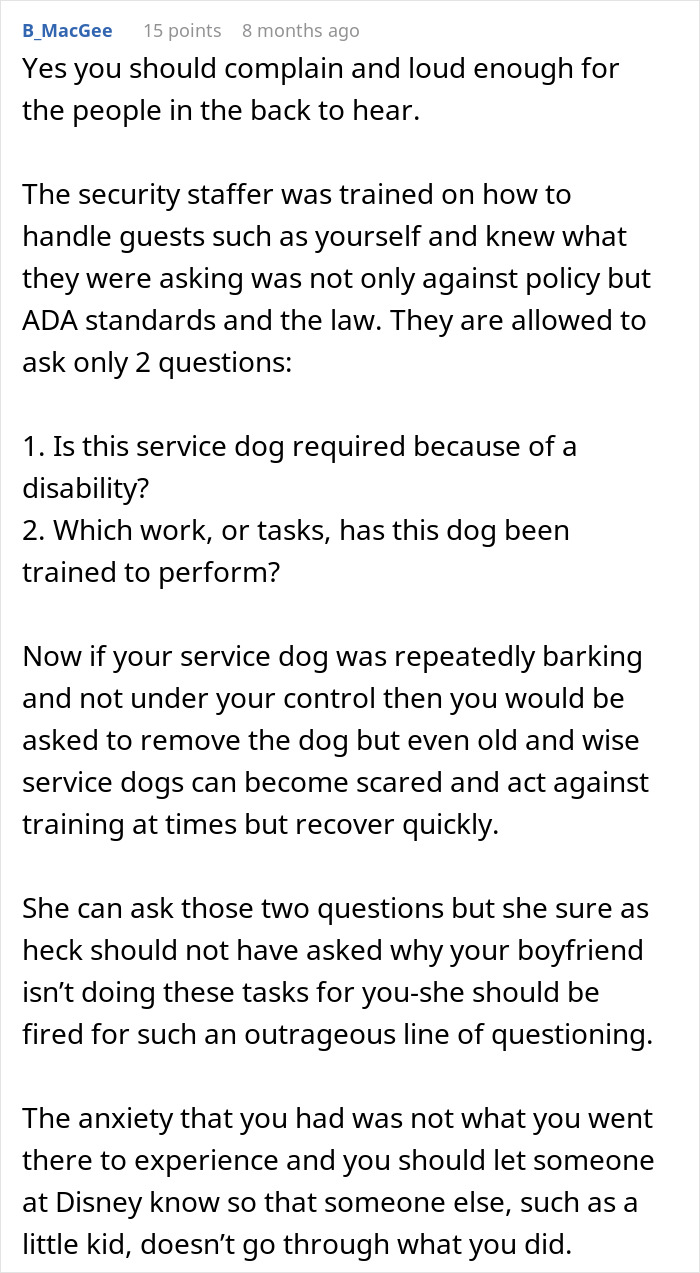 Comment explaining Disneyland security questions and ADA rules about disabled woman bringing a service dog to the park.