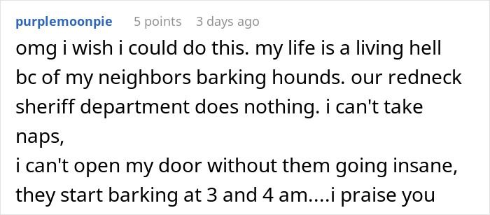 Alt text: Screenshot of a comment describing frustration with neighbors who can&rsquo;t keep their dogs quiet, causing sleepless nights.