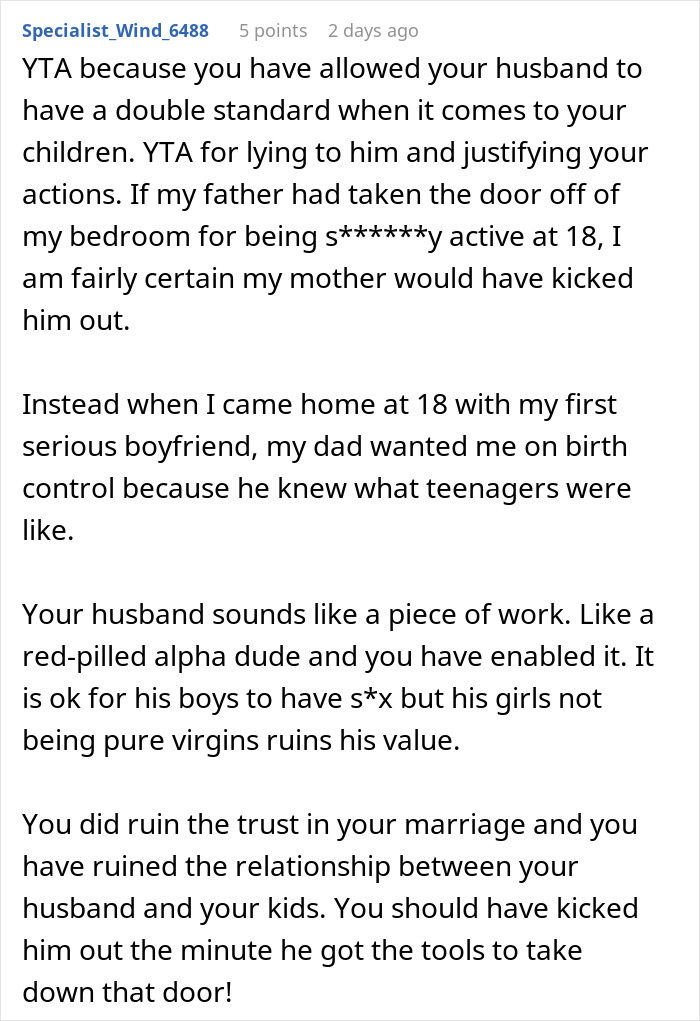 Comment criticizing a husband’s reaction to his teen daughter’s relationship and the wife’s role in hiding it. Comment criticizing a husband’s reaction to his teen daughter’s relationship and the wife’s role in hiding it.