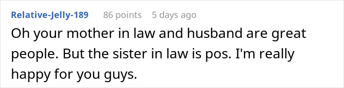 Screenshot of a Reddit comment discussing family dynamics involving a sister-in-law and relationships.