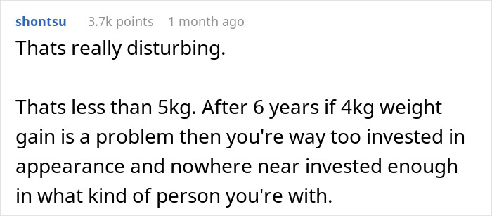 Comment discussing a man requiring his girlfriend to return to a weight she had six years ago, seen as disturbing. Comment discussing a man requiring his girlfriend to return to a weight she had six years ago, seen as disturbing.