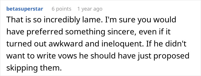 Screenshot of a forum comment reacting to a groom’s vows that made his wife cry but sparked mixed feelings. Screenshot of a forum comment reacting to a groom’s vows that made his wife cry but sparked mixed feelings.