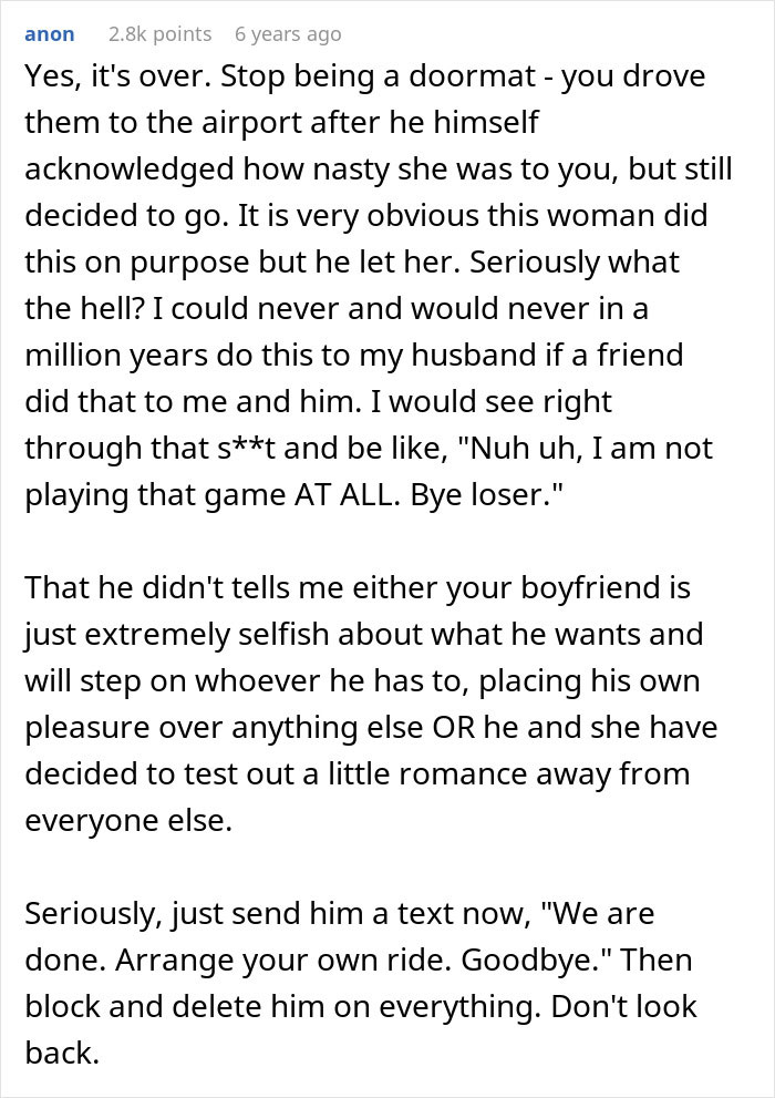 Text post discussing a guy refusing to accept break-up after going on a romantic trip with a female friend. Text post discussing a guy refusing to accept break-up after going on a romantic trip with a female friend.