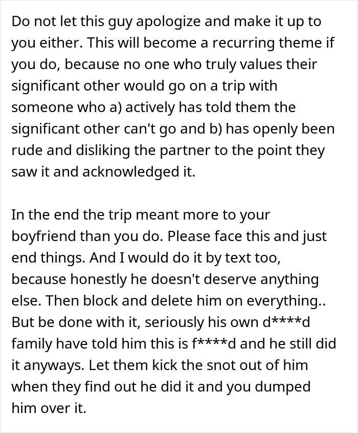Text advice about guy refusing to accept break-up after going on a romantic trip with a female friend. Text advice about guy refusing to accept break-up after going on a romantic trip with a female friend.