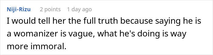 Comment discussing a teen trying to cheer up his divorced mom who meets a womanizer, revealing moral concerns.