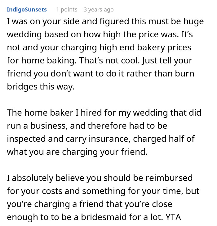 Comment discussing bride wanting to upgrade honeymoon at bridesmaid&rsquo;s expense and the financial fairness involved.