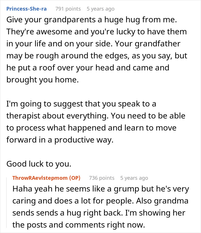 Reddit thread discussing teen leaving home after dad chooses girlfriend over her, focusing on adoption and family conflict.