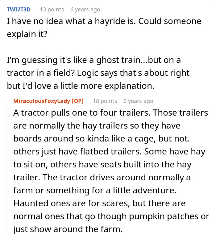 Text explaining what a haunted hayride is, describing trailers pulled by tractors for spooky rides or farm tours.