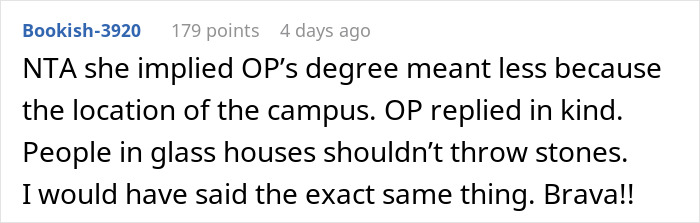 Screenshot of an online comment discussing a stay-at-home mom mocking sister-in-law&rsquo;s college degree and clapping back.