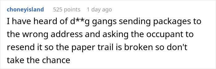 Comment discussing gangs sending packages to wrong addresses and expecting recipients to resend them at their own cost.