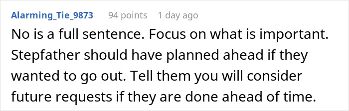 Screenshot of a Reddit comment discussing a stepfather setting boundaries about babysitting his girlfriend's son.