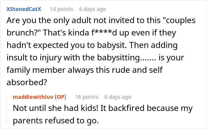 Screenshot of a Reddit conversation about a family trying to dump kids on their childfree cousin during vacation conflict.