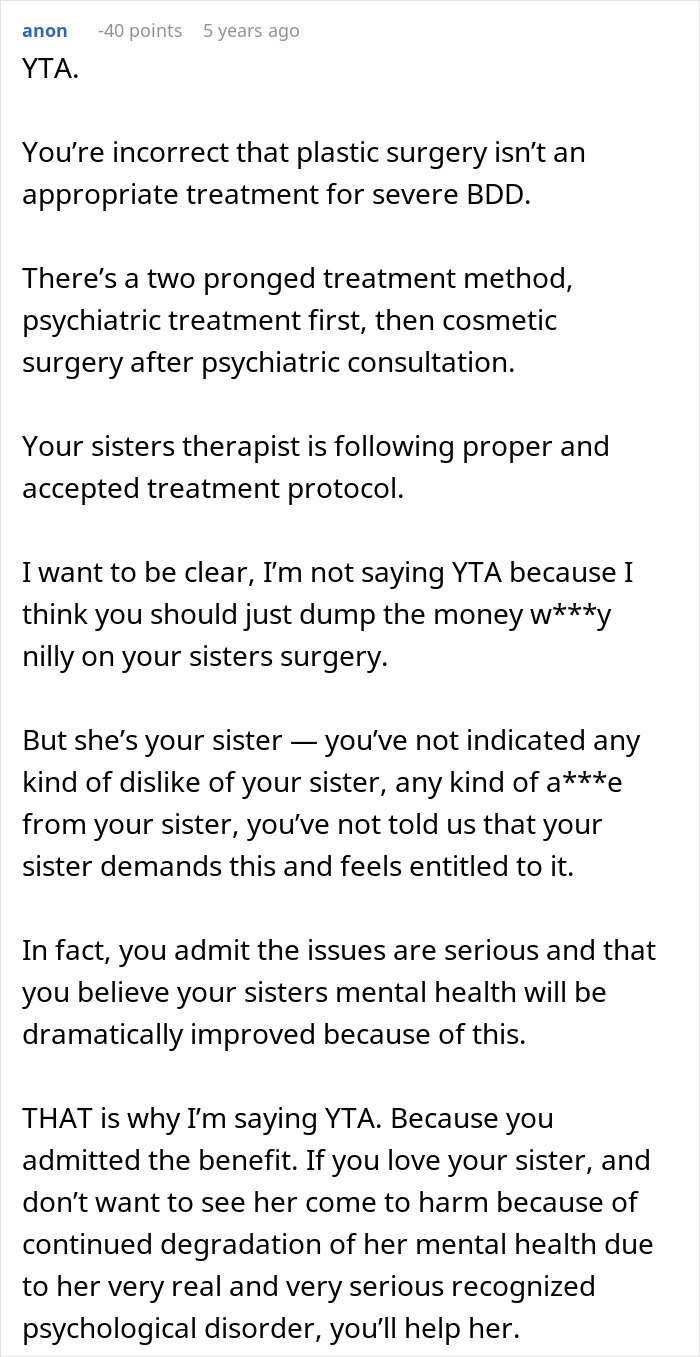 Text post discussing fairness of sister&rsquo;s $4k plastic surgery request to overcome body dysmorphia and related mental health issues.