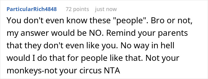 Comment discussing a golden child brother expecting free meals and a scapegoat sibling refusing to comply.