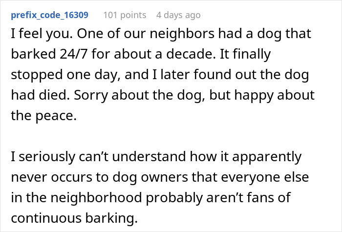 Comment discussing a woman going nuclear on neighbors with dogs that can't keep quiet, highlighting barking issues.