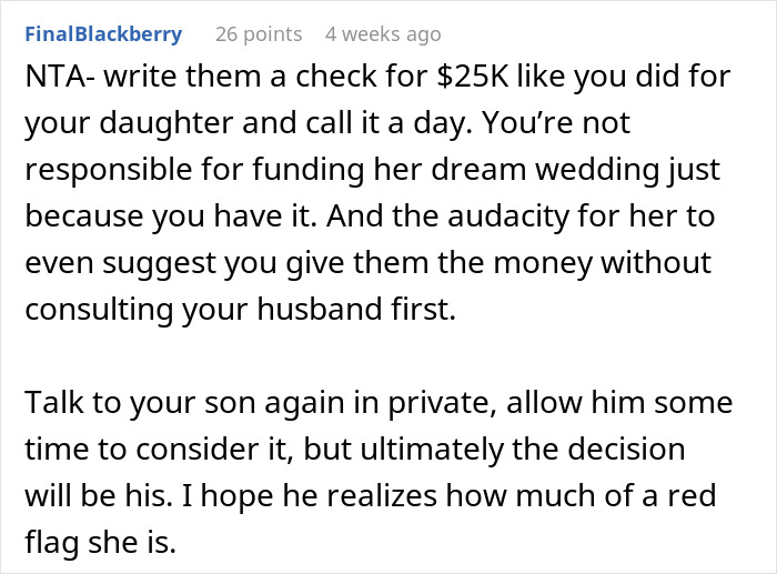 Reddit comment discussing a future daughter-in-law&rsquo;s $80,000 wedding demand and wealthy in-laws requesting a prenup.