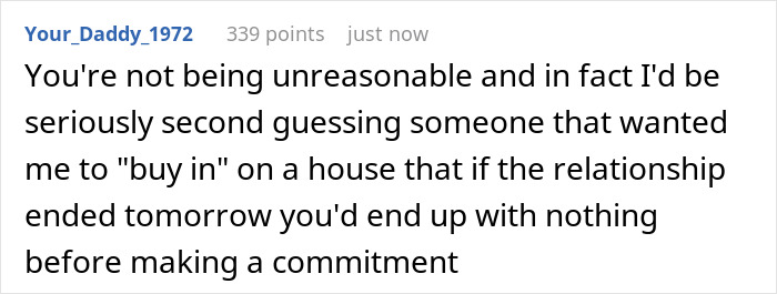 Screenshot of a user comment in a forum discussing financing a $100k renovation and relationship commitment concerns.