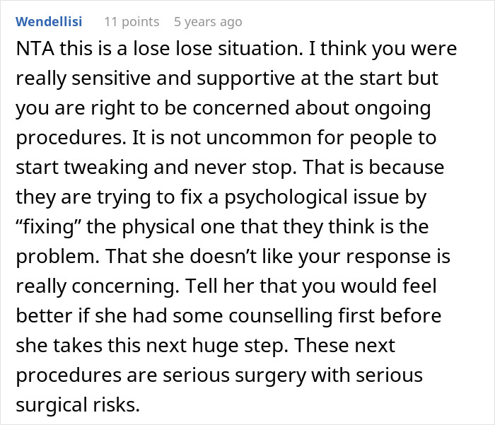Screenshot of an online discussion about plastic surgeries, focusing on concerns over ongoing procedures and psychological impact.
