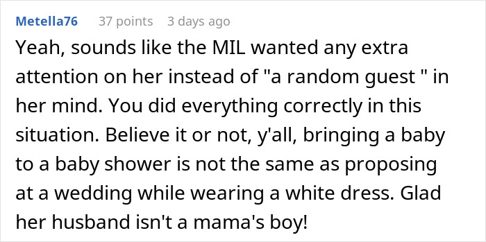 Comment about cousin's family accusing woman of stealing spotlight by bringing baby and wearing engagement ring at event.
