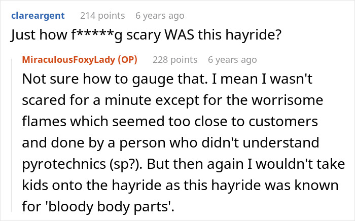Screenshot of a Reddit conversation discussing an entitled parents&rsquo; haunted hayride and kids left scared by strangers.
