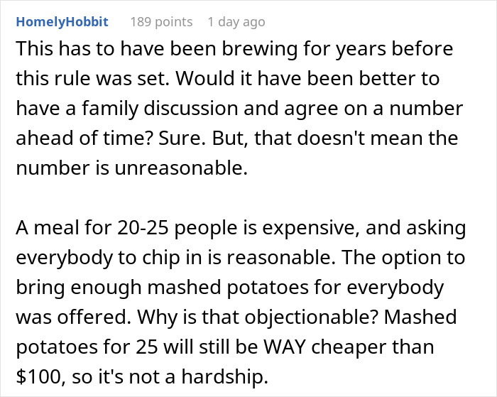 Comment discussing refusing to bring expensive food for Thanksgiving and suggesting affordable dish options.