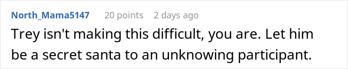 Comment about Secret Santa organizer not allowing coworker to participate unless receiving a gift, shared on a forum.