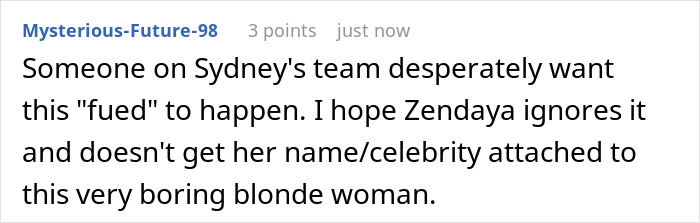 Screenshot of a social media comment discussing Sydney Sweeney and Zendaya's petty feud and recent controversies.