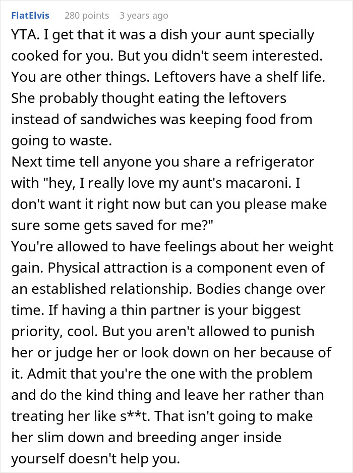 Comment about man snapping at his girlfriend after she eats leftovers, mentioning her weight gain and relationship issues.